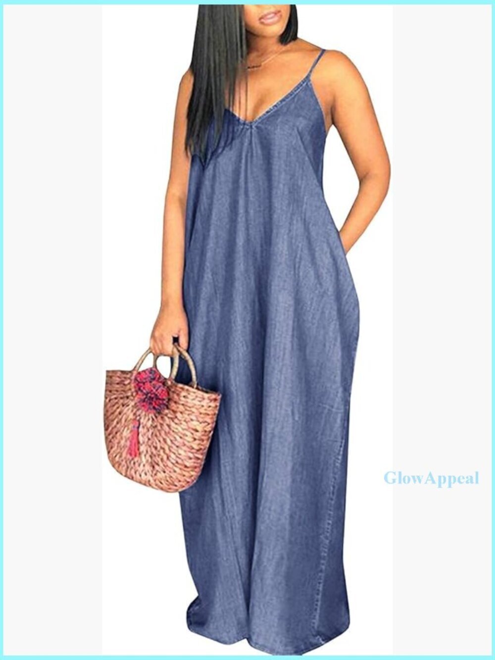 Denim Maxi Dress Spaghetti Strap Loose Fit V-Neck Casual Summer